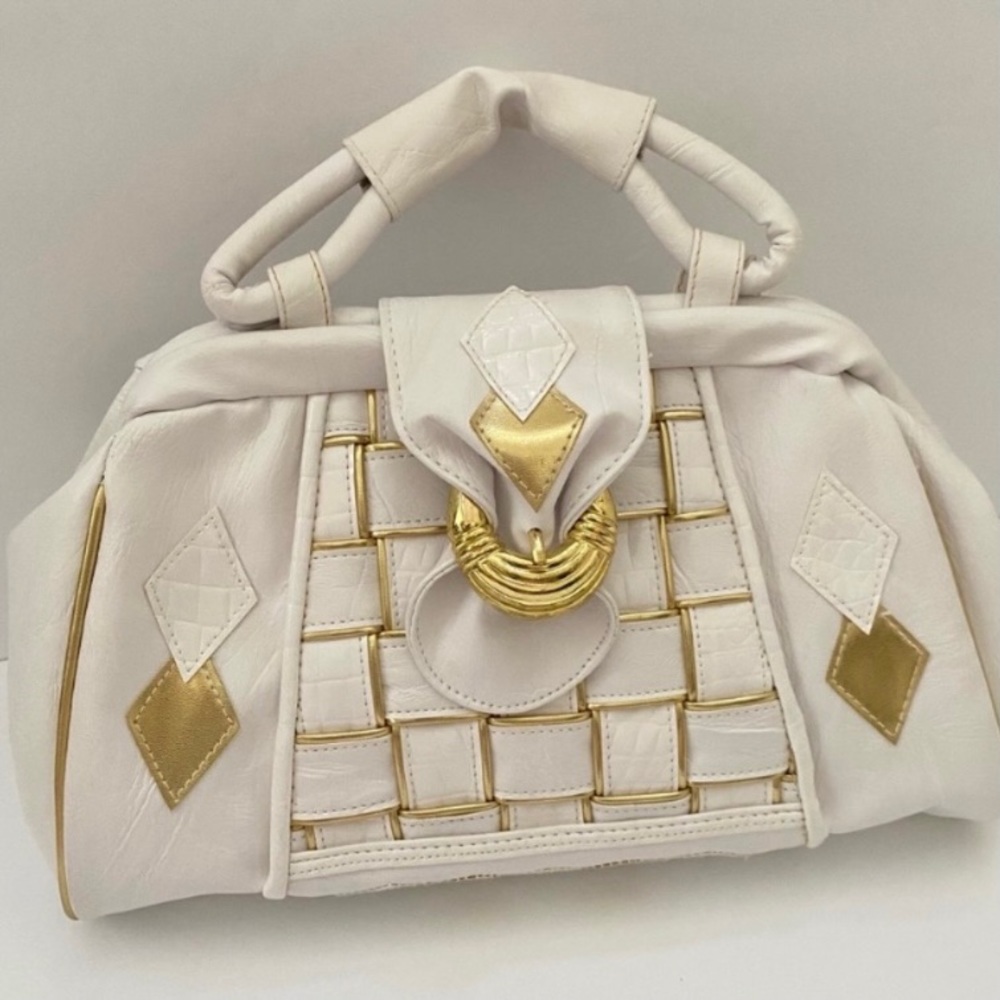 (R) Vintage Gold and White Geometric Pattern Purse With Removable Strap